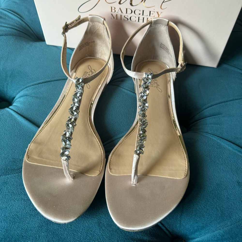 Jewel Badgley Mischka Carrol Champagne Satin Flat Sandals